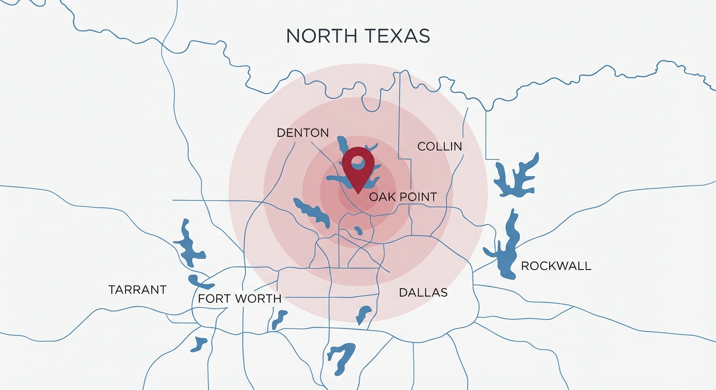 Map showing Oak Point Plumbing service areas in North Texas including Denton, Frisco, and surrounding communities